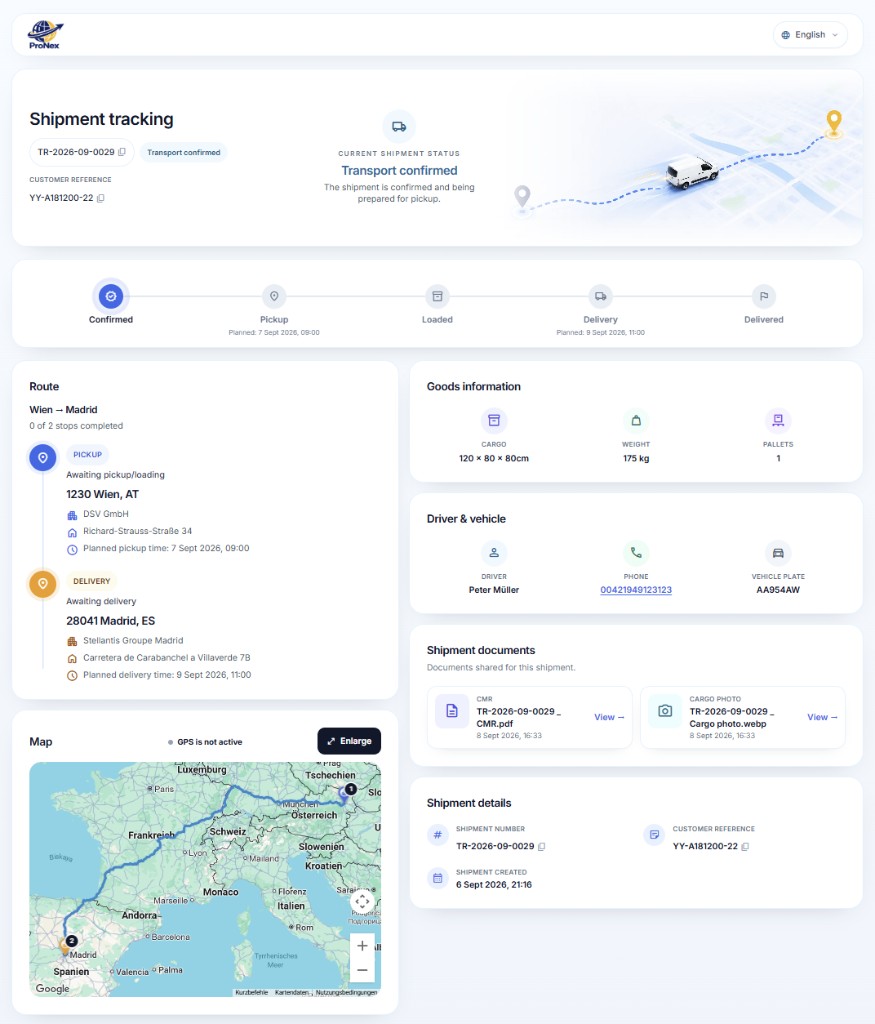 ProNex shipment tracking dashboard